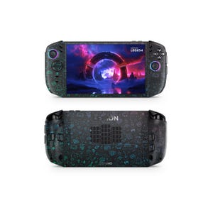 May include: A black Lenovo Legion handheld gaming console with a colorful screen displaying a futuristic scene. The console has a patterned design with teal and purple accents. The back of the console also has a patterned design.