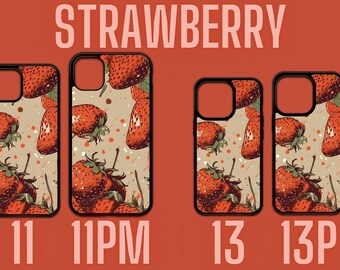 May include: A collection of phone cases with a strawberry design. The cases are black with a beige background and a repeating pattern of red strawberries. The word "STRAWBERRY" is printed at the top of the image, and the phone models are labeled below.