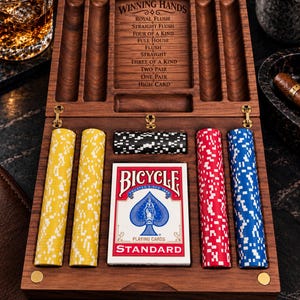 May include: A wooden poker set case featuring a hinged lid with a laser-engraved Winning Hands reference chart. The interior holds two stacks of yellow chips, one stack of red chips, one stack of blue chips, a black chip stack, and a deck of Bicycle Standard playing cards.