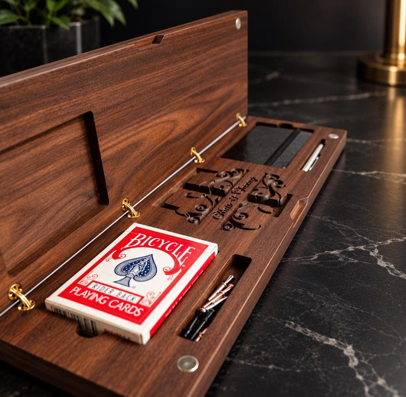 May include: A dark brown wooden storage box with a hinged lid, containing a deck of red and white Bicycle playing cards, a small black notebook, a silver pen, and metal components. The wood features engraved decorative scrollwork.