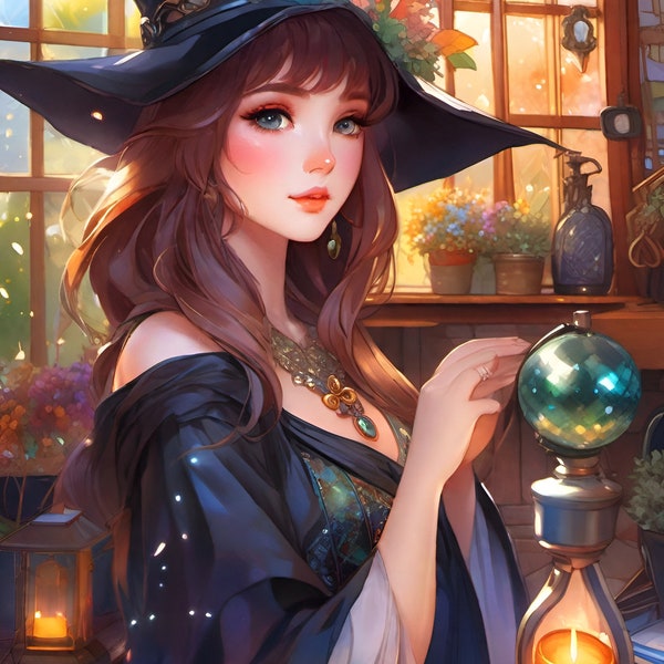 Enchanting Studio Ghibli and Fantasy Inspired Digital Art - Lofi Watercolor Magic: The Crystal Ball