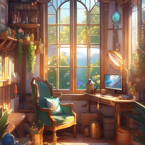 Enchanting Studio Ghibli and Fantasy Inspired Digital Art - Lofi Watercolor Magic: The Cozy Witch’s Home 6