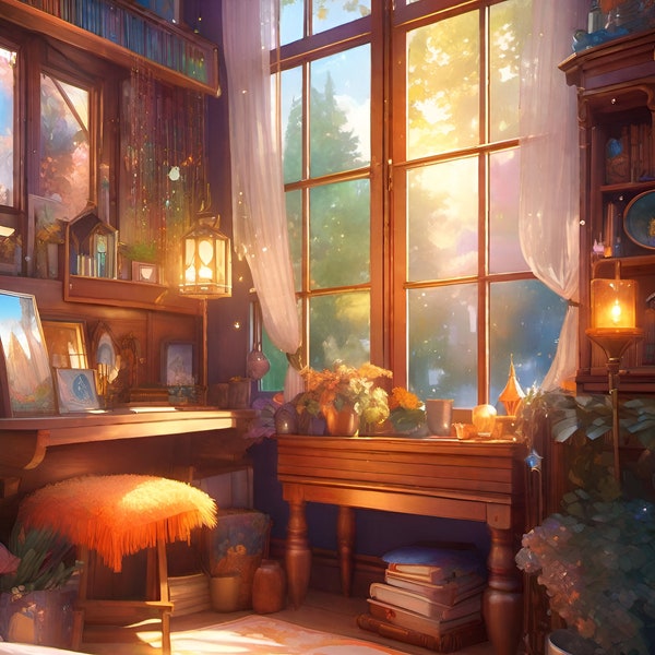 Enchanting Studio Ghibli and Fantasy Inspired Digital Art - Lofi Watercolor Magic: The Cozy Witch’s Home 7