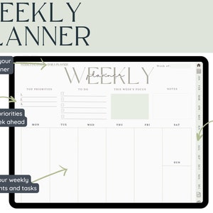 May include: A weekly planner on a tablet screen with a light green background. The planner has sections for top priorities, to do, this week's focus, and notes. The planner also has a calendar view for each day of the week. The planner is linked to a daily planner and a monthly calendar.