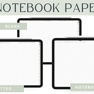 May include: Three iPad screens displaying different notebook paper styles: blank, dotted, and lined. The screens are labeled "BLANK", "DOTTED", and "NOTEBOOK".