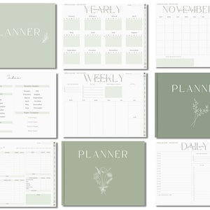 May include: A set of printable planner pages with a green and white color scheme. The pages include a yearly planner, monthly planner, weekly planner, and daily planner. The pages are decorated with simple floral illustrations.