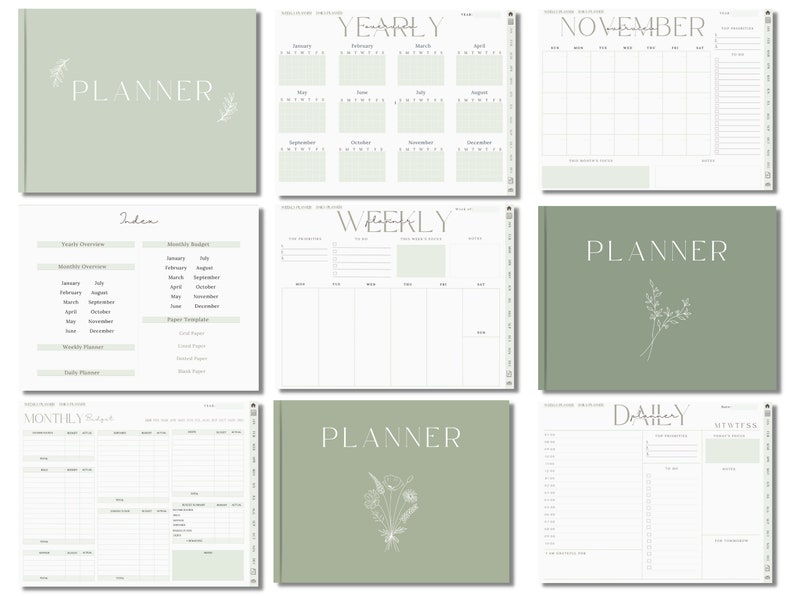 May include: A set of printable planner pages with a green and white color scheme. The pages include a yearly planner, monthly planner, weekly planner, and daily planner. The pages are decorated with simple floral illustrations.