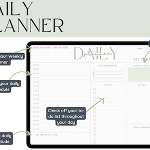 May include: A daily planner with a white background and black text. The planner includes sections for top priorities, to-do list, notes, and for tomorrow. The planner also includes a section for setting a daily focus and a daily gratitude.