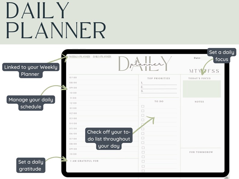 May include: A daily planner with a white background and black text. The planner includes sections for top priorities, to-do list, notes, and for tomorrow. The planner also includes a section for setting a daily focus and a daily gratitude.