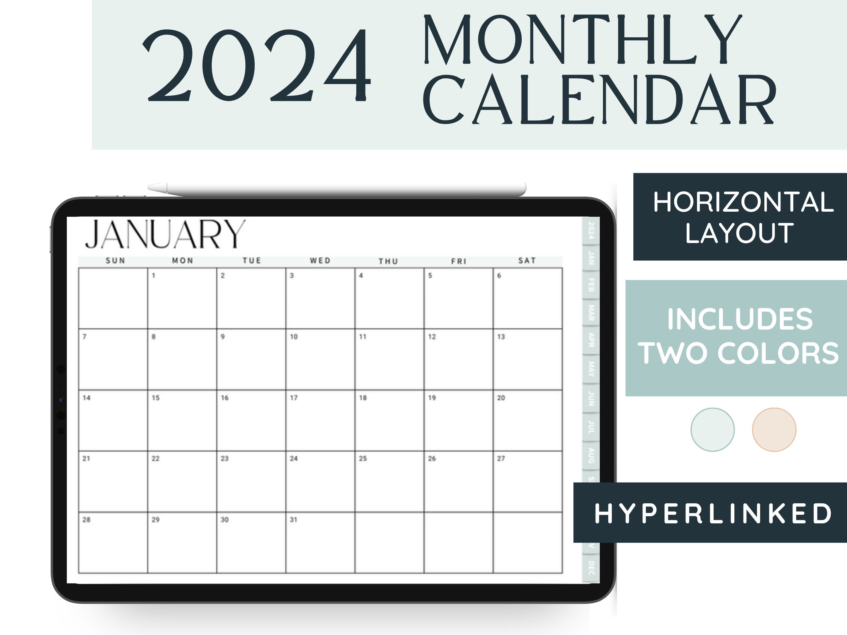 2024 DIGITAL MONTHLY CALENDAR Hyperlinked iPad Calendar Goodnotes