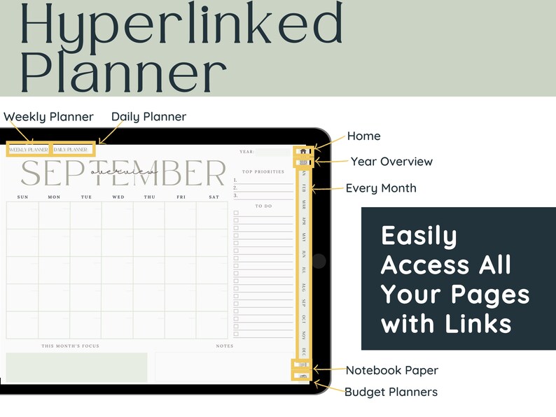 May include: A digital planner app on a tablet screen with a September calendar view. The app features a weekly planner, daily planner, year overview, and monthly views. The app also includes notebook paper and budget planners. The text "Easily Access All Your Pages with Links" is displayed on the screen.