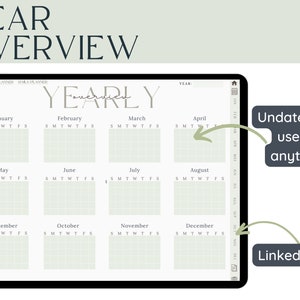 May include: A digital tablet screen displaying a yearly planner with a green background and a grid layout. The months of the year are listed across the top, with each month having a grid for each day. The text "YEARLY" is written in cursive at the top of the screen. The text "Undated for use at anytime" and "Linked Tabs" are written on the right side of the image.