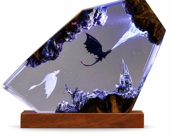 Fantasy Dragon Night Light – Epoxy Resin Castle Lamp with Burl Wood Base