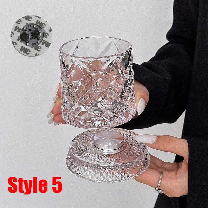 May include: A clear, diamond-cut glass tumbler and base. The base has a silver-colored, circular center. The tumbler is held above the base. The text "Style 5" is in red at the bottom.