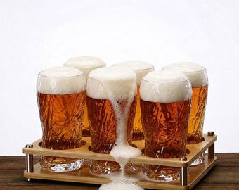 Artisanal Beer Glass Set with Natural Bamboo Caddy, Home Bar Accessory
