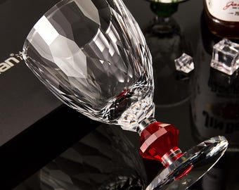 Lead-Free Crystal Whiskey Goblet, Diamond-Cut Glass, Jeweled Stemmed Drinking Cup