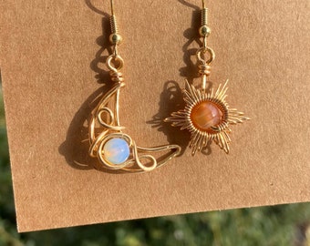 Golden Sun and Moon Wire-Wrapped Crystal Earrings