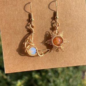 Pendientes Sol y Luna Pendientes de Cristal Envueltos en Alambre Originales