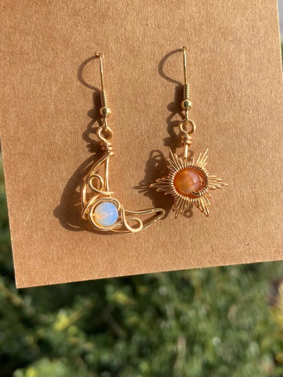 Sun and Moon Earrings Wire-Wrapped Crystal Earrings Original