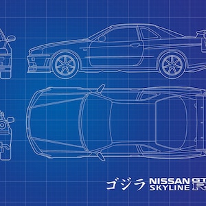 May include: Blueprint-style illustration of a Nissan GT-R Skyline R34 car, showcasing front, side, rear, and top views. The design is rendered in white lines against a blue grid background, with Japanese text and the car's name.