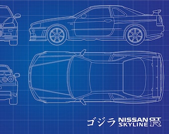 Nissan Skyline R34 Blueprint Poster, Godzilla JDM Wall Art