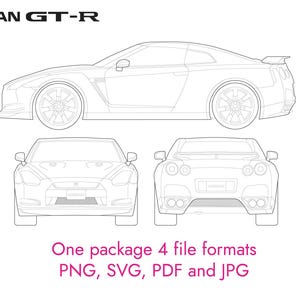 Peut inclure: Dessin au trait d'une voiture de sport Nissan GT-R en quatre vues différentes : de côté, de face, de dos et de l'arrière. Le dessin est en noir et blanc.