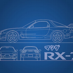 High quality Mazda RX7 blueprint, printable wall art, desktop wallpaper, jdm, mazda, wall art, wallpaper, printout, A1 size, vector