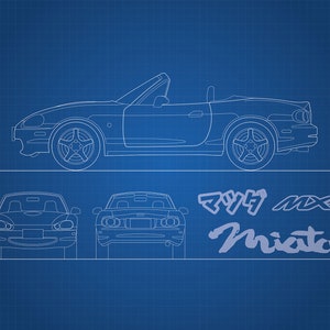 May include: A blueprint style line drawing of a Mazda MX-5 Miata convertible sports car. The car is shown in profile, front, and rear views. The text "マツダ MX-5 Miata" is written in Japanese and English.
