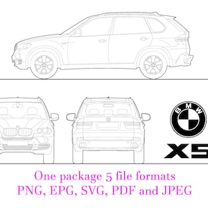 May include: Line drawing of a BMW X5 SUV in black and white. The image shows the car from the side, front, and back. The BMW logo and the text "X5" are also included in the image. The text "One package 5 file formats PNG, EPG, SVG, PDF and JPEG" is at the bottom of the image.