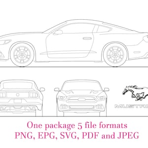 Puede incluir: Dibujo de línea de un Ford Mustang GT en cinco vistas diferentes: lateral, frontal, posterior y dos vistas en ángulo. El dibujo está en blanco y negro e incluye el texto "MUSTANG GT".