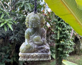 Hand Carved Green Jade Medicine Buddha Pendant, Spiritual Protection Amulet