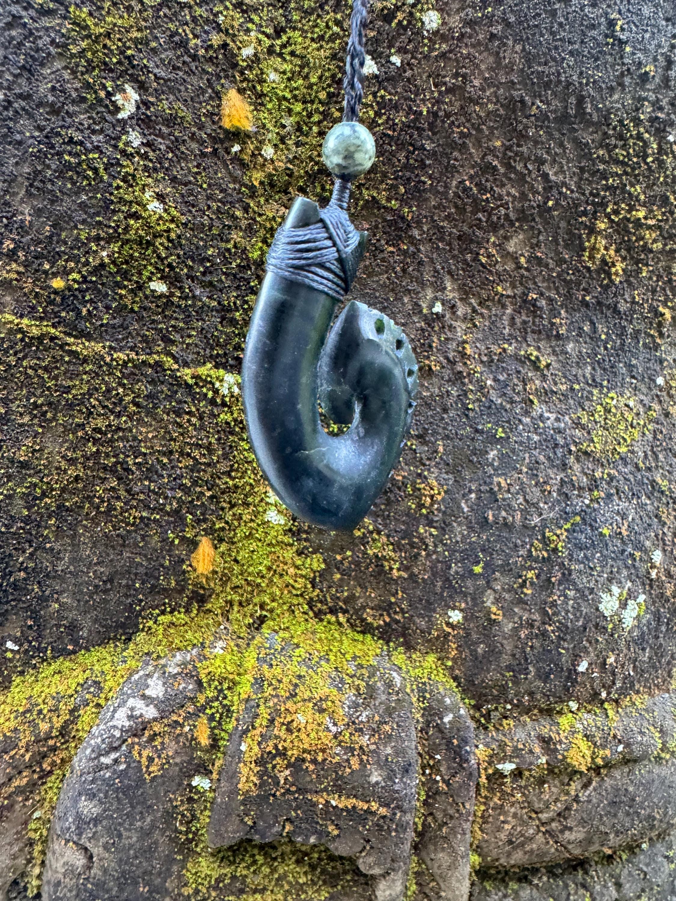 Indonesian Black Jade Fish Hook Pendant: Māori Inspired Hei Matau