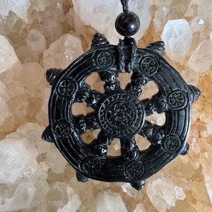 Black Jade Dharma Wheel Necklace | Hand-Carved Buddhist Talisman for Protection & Grounding (Root Chakra)