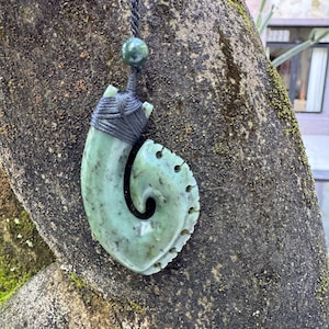 Green Jade Hei Matau Pendant, Maori Fish Hook Necklace
