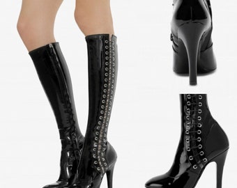 Moschino Iconic Latex Catwalk Lace-up Punk High Boots Knee Boots Shoes Hot