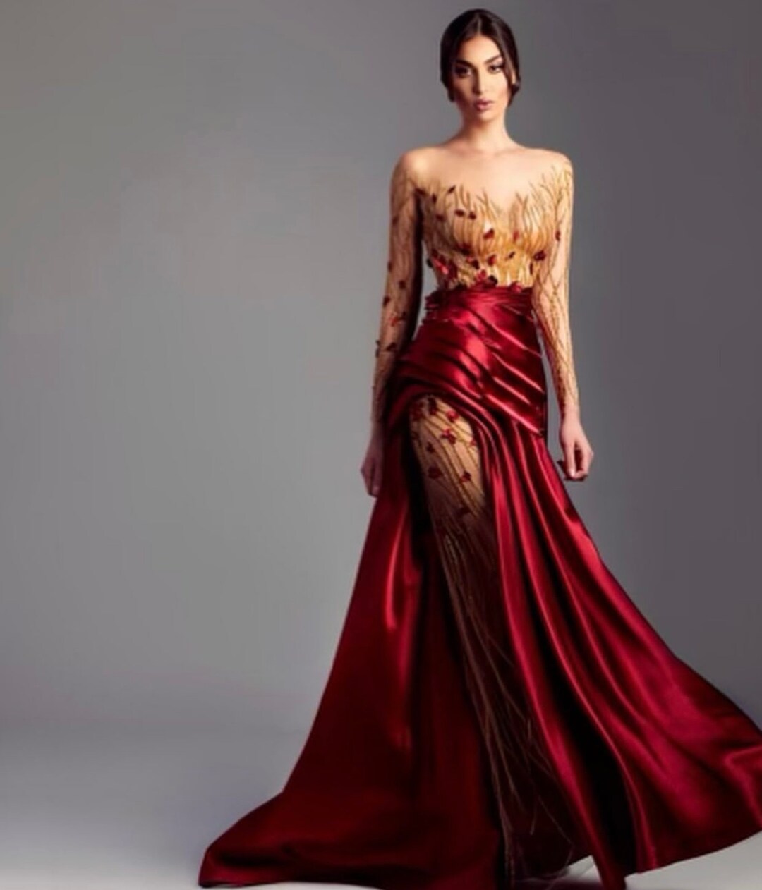 パーティードレス New Red Silk Asymmetrical Embellished Dress Mesh-embellished Red Rose Dress With a Elegantly Placed Half