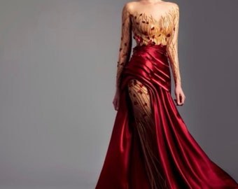 Mesh-embellished red rose dress with a elegantly placed half overskirt and red silk pedal embellishments all handmade