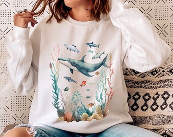 Acuarela Océano Suéter Moda Océano Crewneck Ballenas Estéticas Cuello Redondo Delfín Ballena Jorobada Regalos Indie Conservación Sudadera