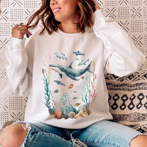 Watercolor Ocean Sweater Trendy Ocean Crewneck Aesthetic Whales Crew Neck Dolphin Humpback Whale Gifts Indie Conservation Sweatshirt