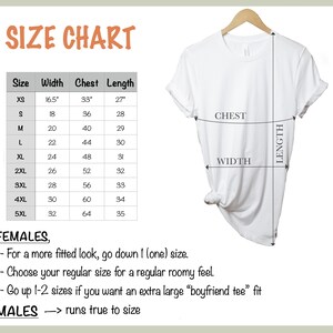 May include: Size chart for a t-shirt with measurements in inches for width, chest, and length. The chart includes sizes XS to 5XL. The chart also includes instructions for sizing for females and males.
