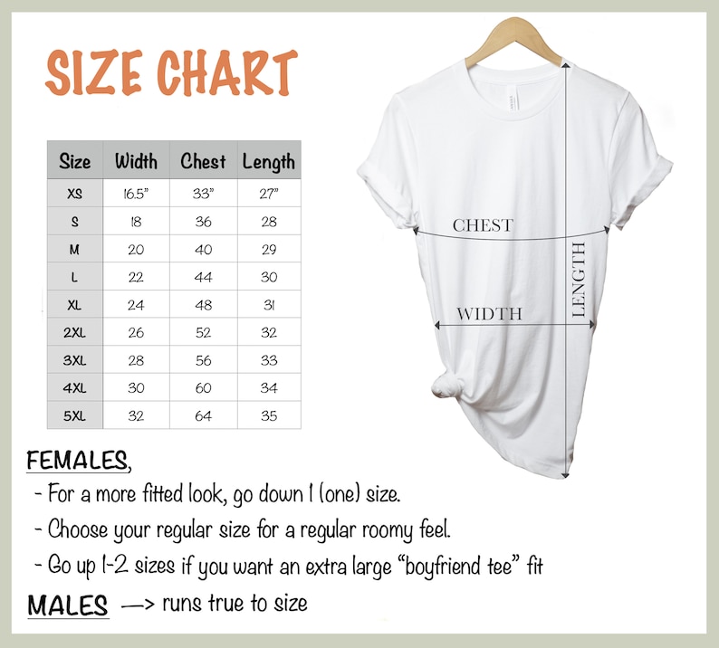 May include: Size chart for a t-shirt with measurements in inches for width, chest, and length. The chart includes sizes XS to 5XL. The chart also includes instructions for sizing for females and males.