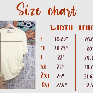 May include: Size chart for a t-shirt with measurements in inches. The chart shows the width and length of the shirt in sizes S, M, L, XL, 2XL, and 3XL.