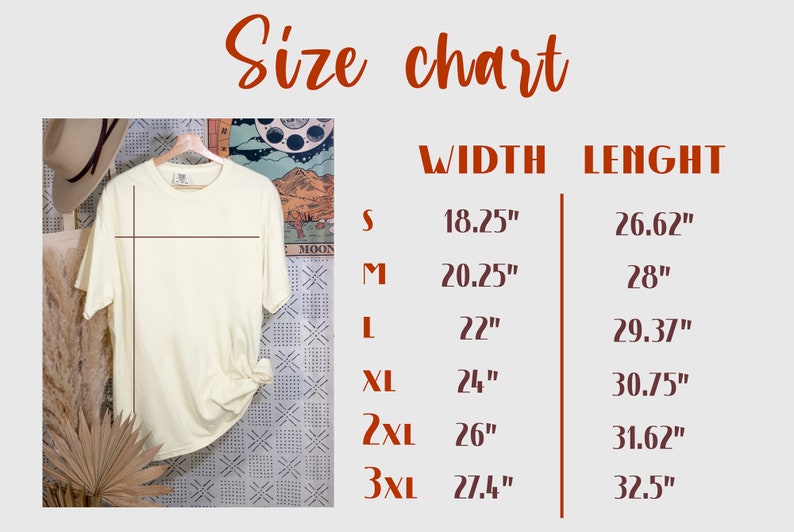 May include: Size chart for a t-shirt with measurements in inches. The chart shows the width and length of the shirt in sizes S, M, L, XL, 2XL, and 3XL.