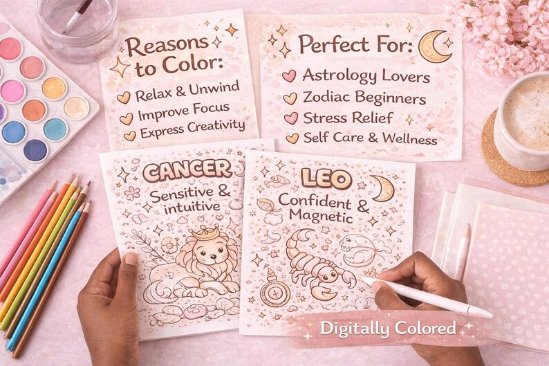 Zodiac Coloring Pages | Soft Street Feminine Astrology Coloring Book | Printable & Digital Coloring | 12 Zodiac Signs image 2
