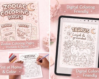 Zodiac Coloring Pages | Soft Street Feminine Astrology Coloring Book | Printable & Digital Coloring | 12 Zodiac Signs