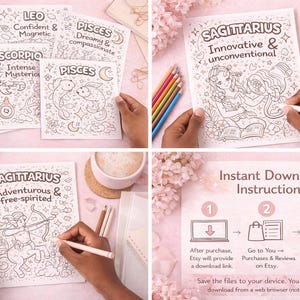 Zodiac Coloring Pages | Soft Street Feminine Astrology Coloring Book | Printable & Digital Coloring | 12 Zodiac Signs image 4