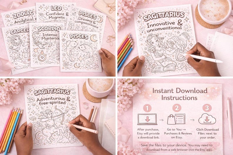 Zodiac Coloring Pages | Soft Street Feminine Astrology Coloring Book | Printable & Digital Coloring | 12 Zodiac Signs image 4