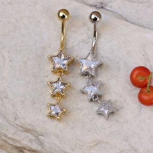 14G Surgical Steel Star Belly Button Ring/ Star Dangle Belly Piercings/ CZ Navel Ring/ Star CZ Belly Button Bar/ Navel Piercing Jewelry image 5