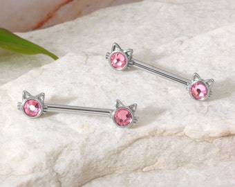 14G Pair of Pink Cat Nipple Piercings/ Cute Nipple Jewelry/ Shiny Nipple Barbell/ Steel Nipple Rings/ Sexy Body Jewelry/Barbell Piercing