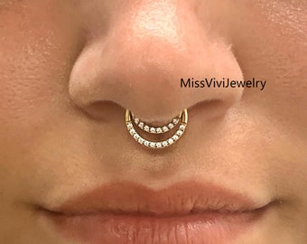 16G 316L Steel CZ Septum Ring/ Crystal Daith Clicker/ Double Layered Septum/ Stacked Septum/ Double Row Septum Piercing/ Septum Clicker